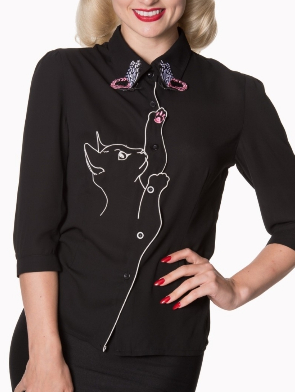 Snow Bird Black Kitty Cat Embroidered Button-Up Blouse